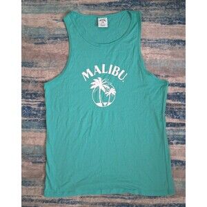 MALIBU RUM Tank Top Large Mens Aqua Blue New Promo Shirt Beachy Palm Trees